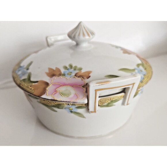 Vintage Hand Paint Gold Gilded Nippon Japan Lidded Bowl Rising Sun Mark 1920's - Picture 3 of 12